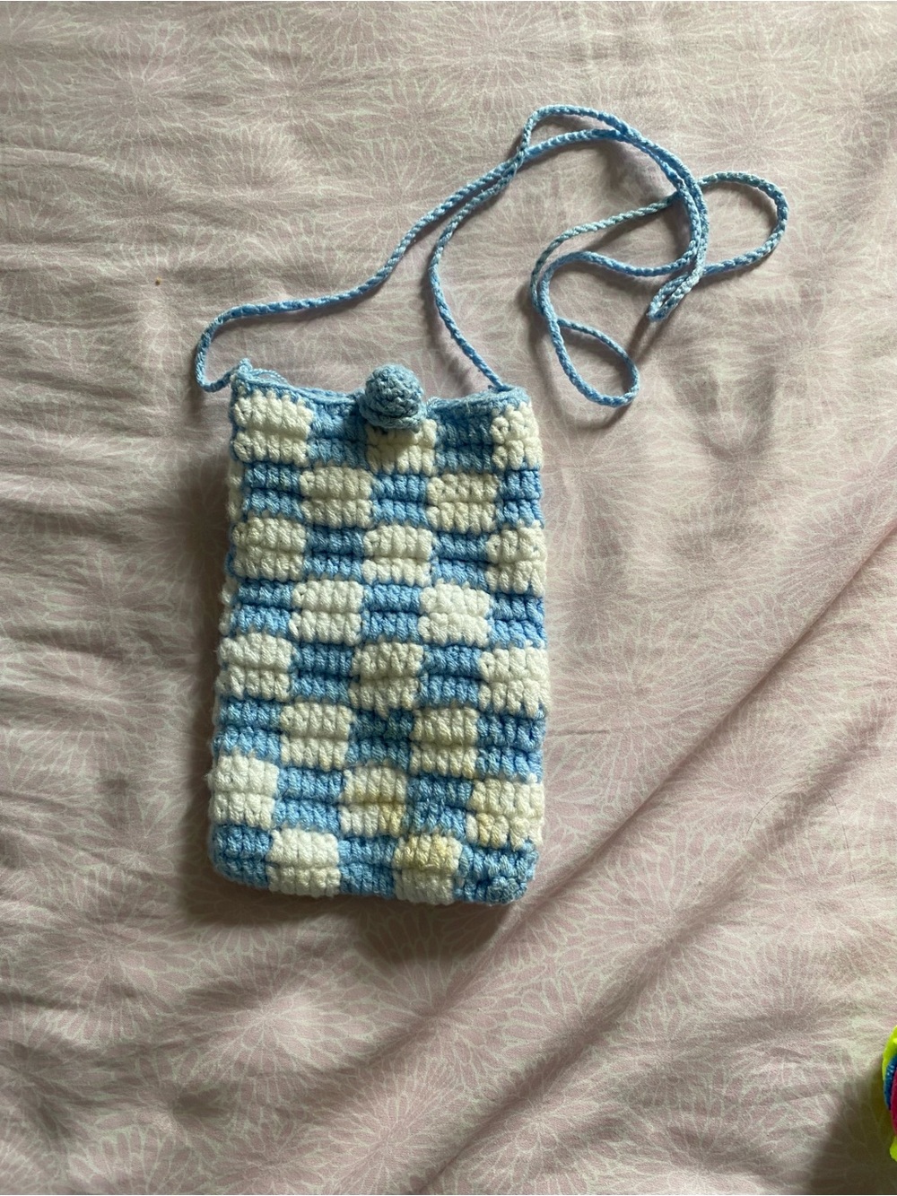 Hand-Crocheted Mini Crossbody Bag in Light Blue and White Check